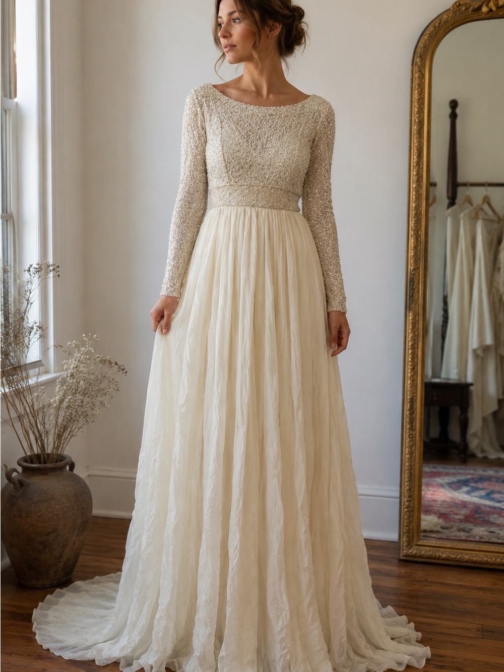 Vintage handmade beaded wedding gown ivory 3/4 sleeve empire waist one of a kind